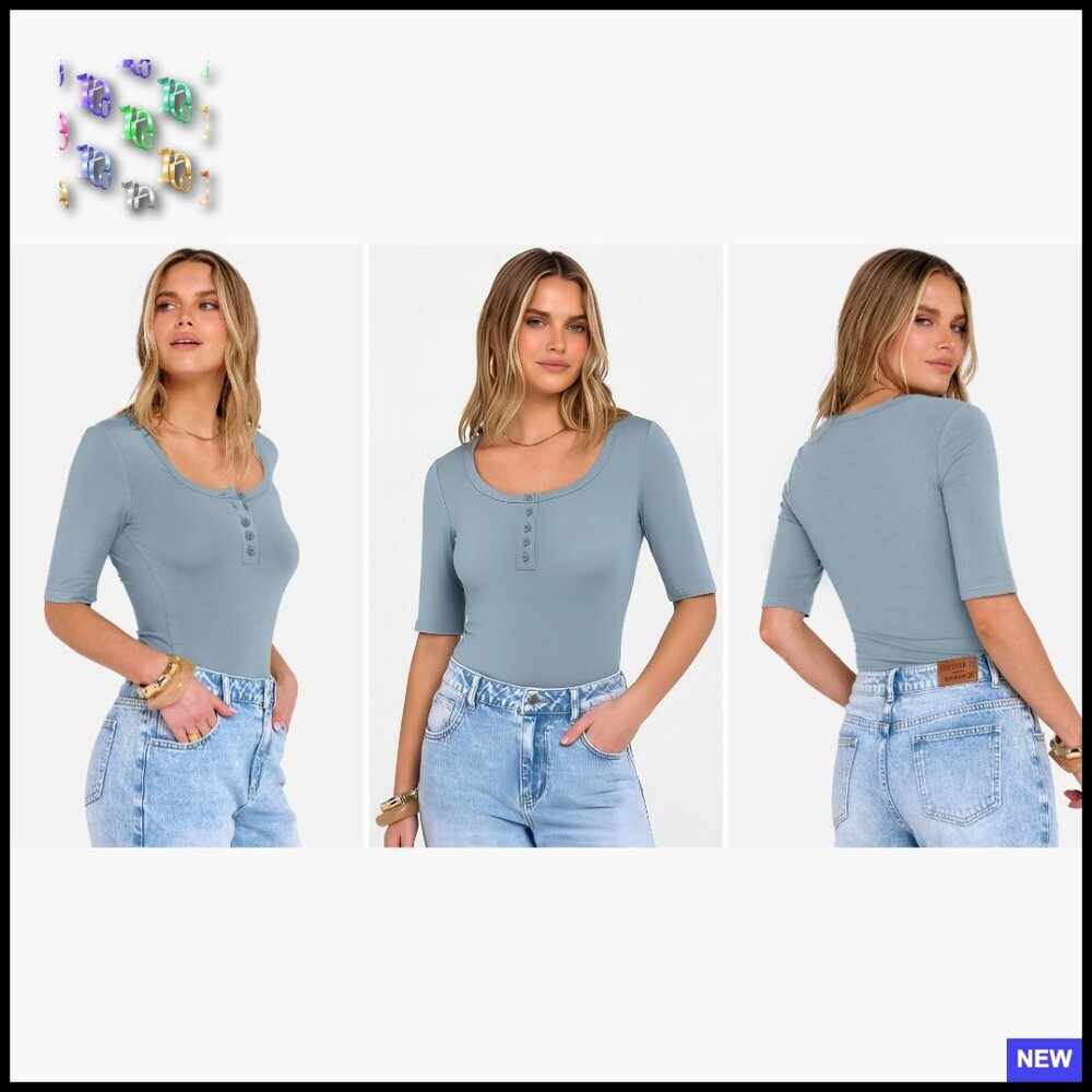 Slim Fit Henley Top Half Sleeve Ruching Chic Casual Spring Summer Blouse - Picture 7 of 7
